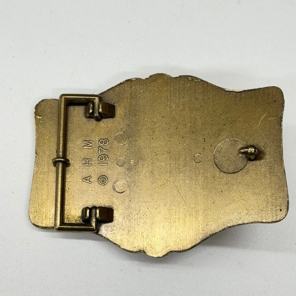 Vtg 1978 AHM Collie Dog Brass Belt Buckle‎ Enamel 3D Relief Animal Collectible